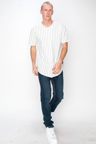 YURO-K Men's White Cotton Pinstripe Baseball Jersey/Made in Los Angeles