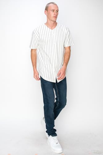YURO-K Men's White Cotton Pinstripe Baseball Jersey/Made in Los Angeles