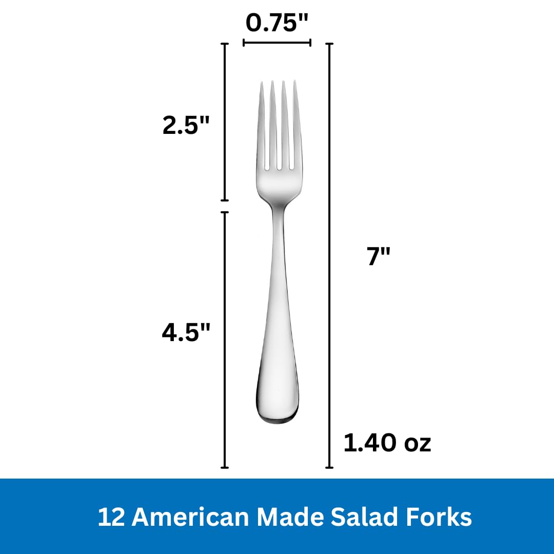 Salad Forks/Dessert Forks Made in USA Set of 12 18/10 Stainless Steel Flatware Mirror Finish Dishwasher Safe TAA HubZone, Buy American Compliant Annapolis Silverware Made by Sherrill Manufacturing