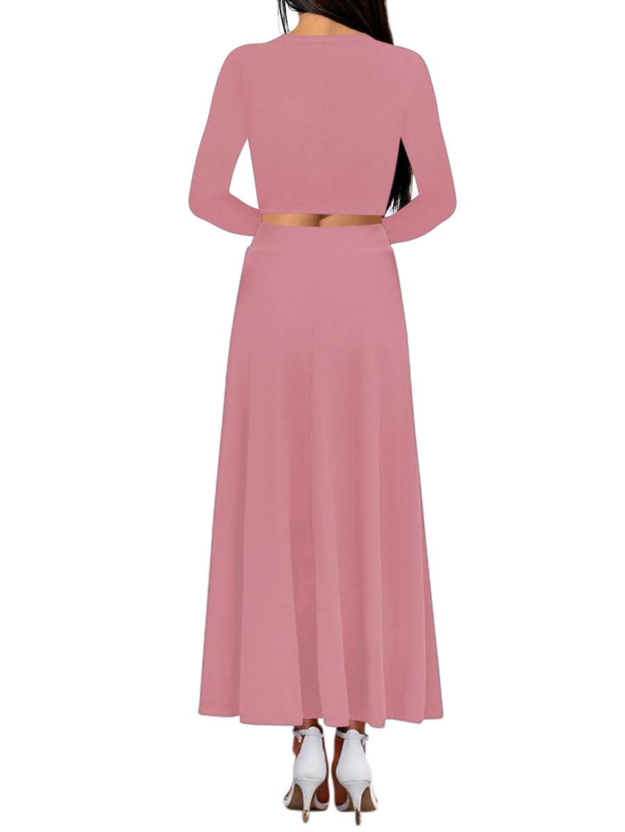 Sweet Hearts 2 Piece Sets for Women- Casual Modal Maxi Skirt Long Sleeve Crop Tops Womens 2 Piece Outfits Fall Made in USA