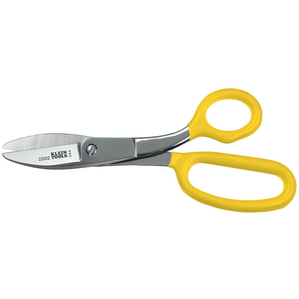 Klein Tools 22002 Scissors, Made in USA, Broad Blade Utility Shear Cuts Anything from Rubber to Metal, with Extended Handled, Serrated Blade, 8.5-Inch