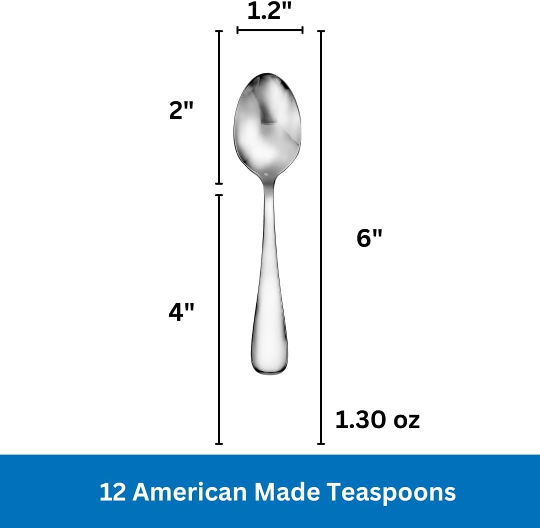 Teaspoons Made in USA Set of 12 18/10 Stainless Steel Flatware Mirror Finish Dishwasher Safe TAA HubZone and Buy American Compliant Annapolis Silverware Made by Sherrill Manufacturing Coffee Spoon