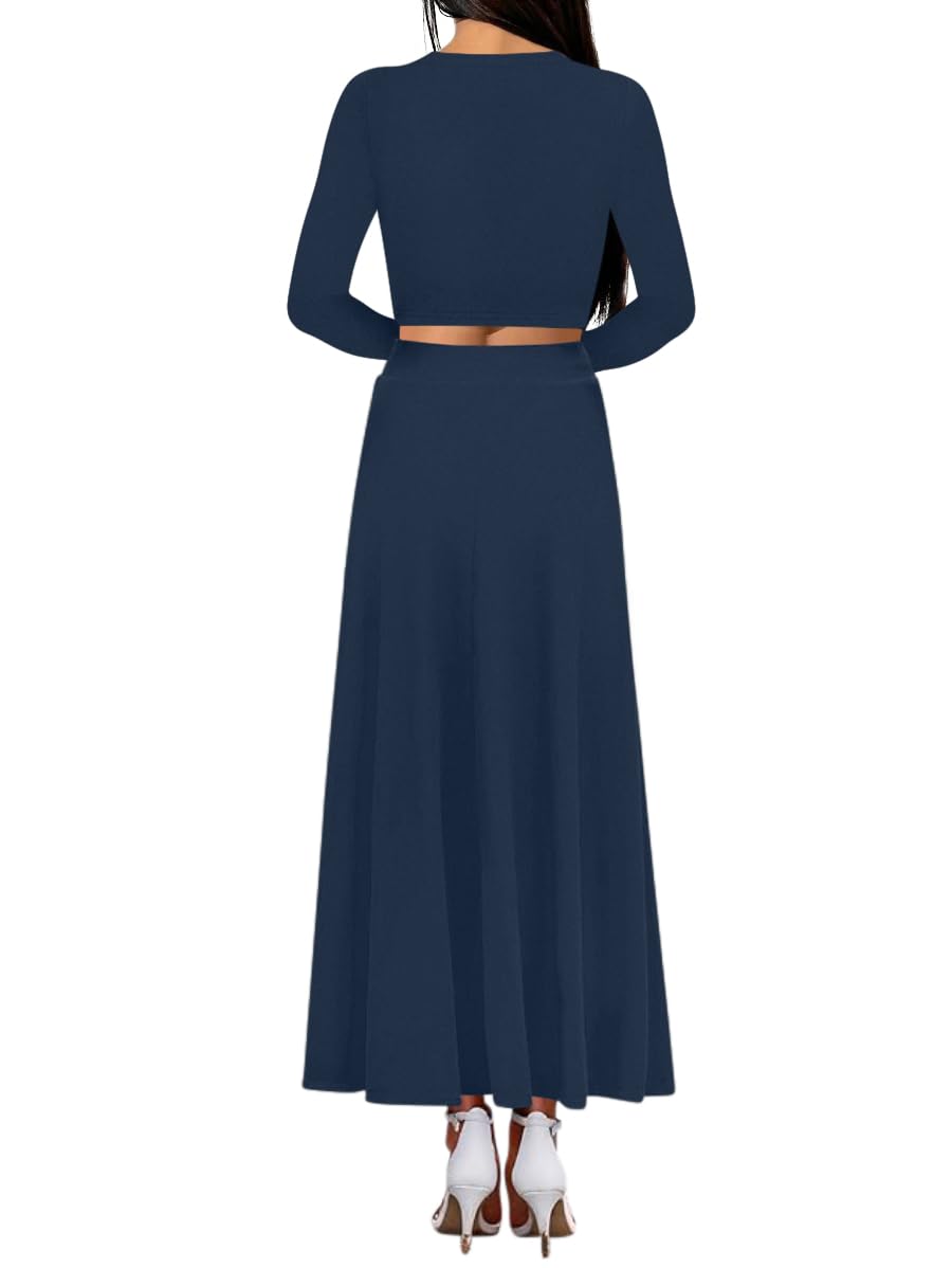 Sweet Hearts 2 Piece Sets for Women- Casual Modal Maxi Skirt Long Sleeve Crop Tops Womens 2 Piece Outfits Fall Made in USA