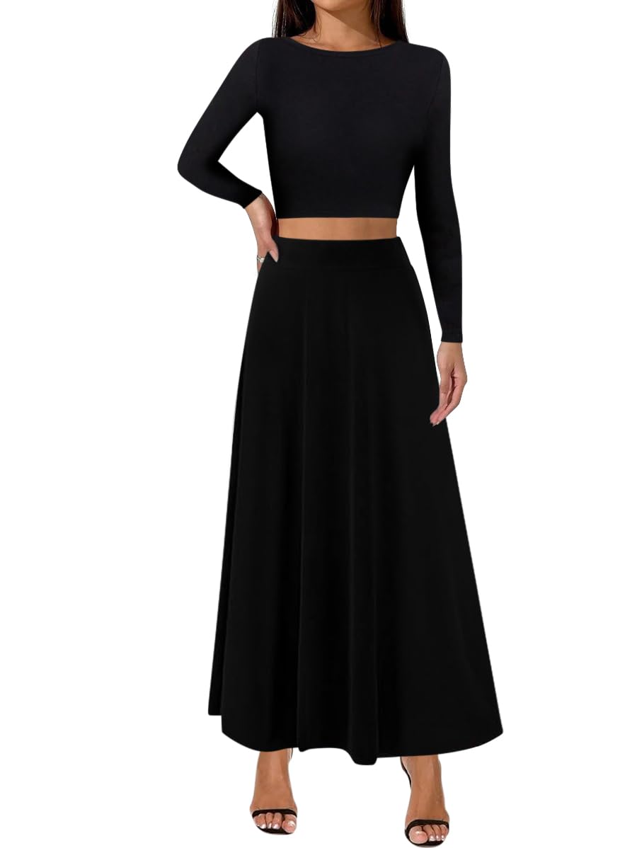 Sweet Hearts 2 Piece Sets for Women- Casual Modal Maxi Skirt Long Sleeve Crop Tops Womens 2 Piece Outfits Fall Made in USA