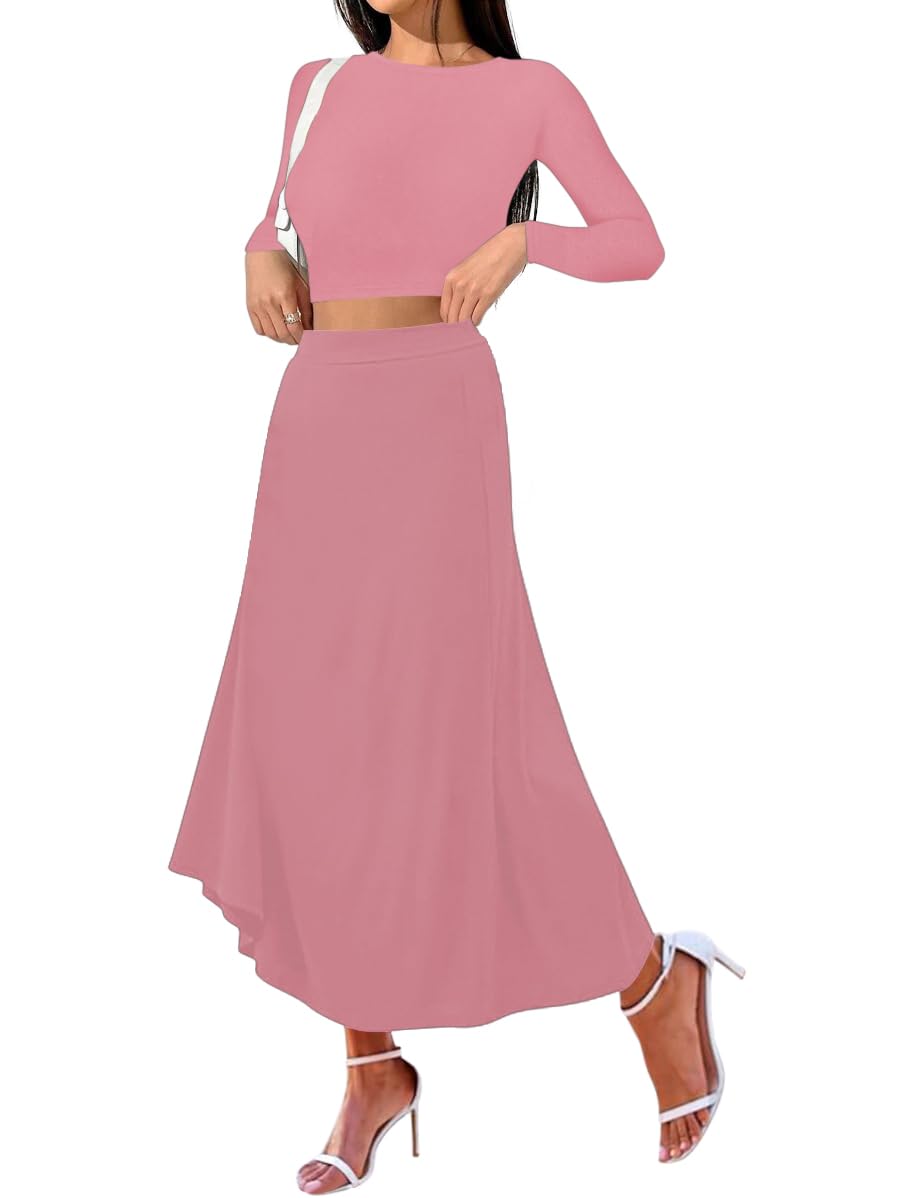 Sweet Hearts 2 Piece Sets for Women- Casual Modal Maxi Skirt Long Sleeve Crop Tops Womens 2 Piece Outfits Fall Made in USA