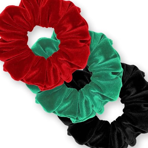 Velvet Scrunchies 3-Pack Gift Set Premium Plush Ponytail Holder Made in the USA Burgundy Forest Black