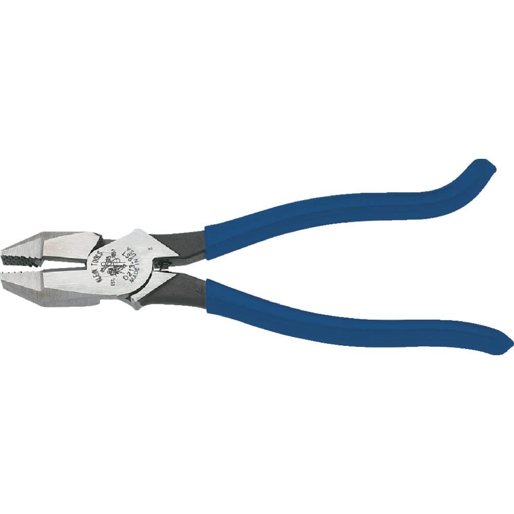 Klein Tools D213-9ST High-Leverage Ironworker's Pliers, Made in USA, Twist and Cut Soft Annealed Tie Wire, Hook Bend Handle, Spring Loaded, Heavy-Duty Jaws