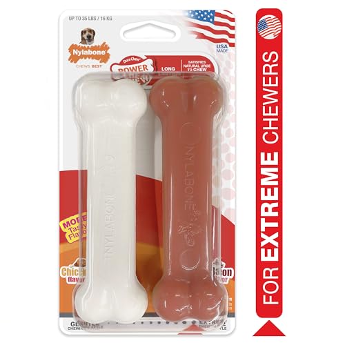 Nylabone Power Chew Classic Bone Chew Toy for Dogs, Durable Dog Toys for Aggressive Chewers, Bacon & Chicken Flavor, Medium/Wolf (2 Count)