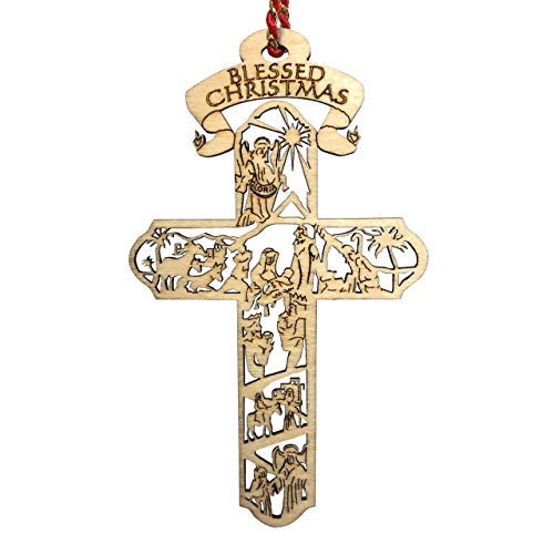 Nativity Cross Christmas Ornament Gift, Real Wooden Decor for Tree, Office, Car. Unique Wood Holy Family Scene Gifts, 4.5X 2.625, Made in USA, Keepsake Tells The Whole Christmas Story