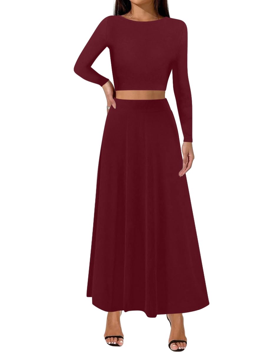 Sweet Hearts 2 Piece Sets for Women- Casual Modal Maxi Skirt Long Sleeve Crop Tops Womens 2 Piece Outfits Fall Made in USA