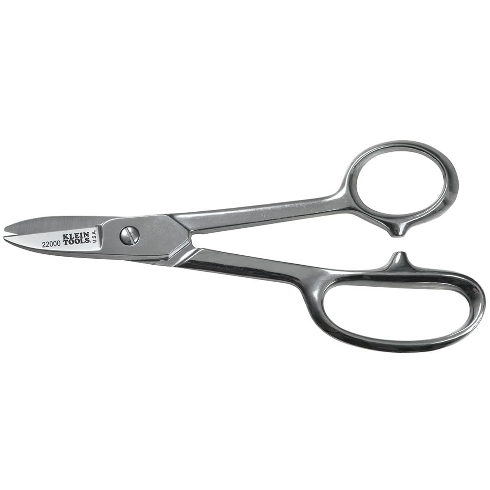 Klein Tools 22002 Scissors, Made in USA, Broad Blade Utility Shear Cuts Anything from Rubber to Metal, with Extended Handled, Serrated Blade, 8.5-Inch