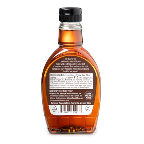 Butternut Mountain Farm Pure Vermont Maple Syrup, Organic, Grade A, Amber Rich, 12 oz, Easy Squeeze Bottle