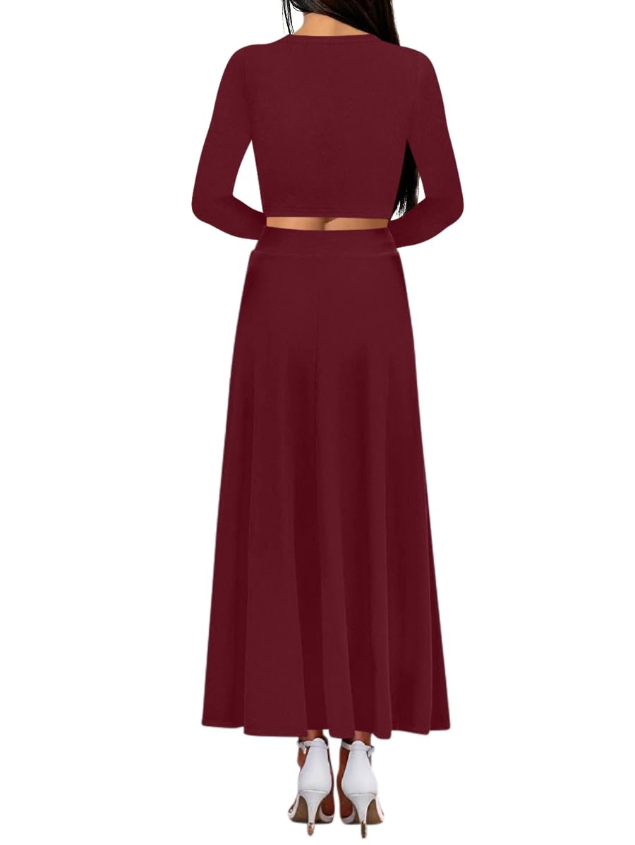 Sweet Hearts 2 Piece Sets for Women- Casual Modal Maxi Skirt Long Sleeve Crop Tops Womens 2 Piece Outfits Fall Made in USA