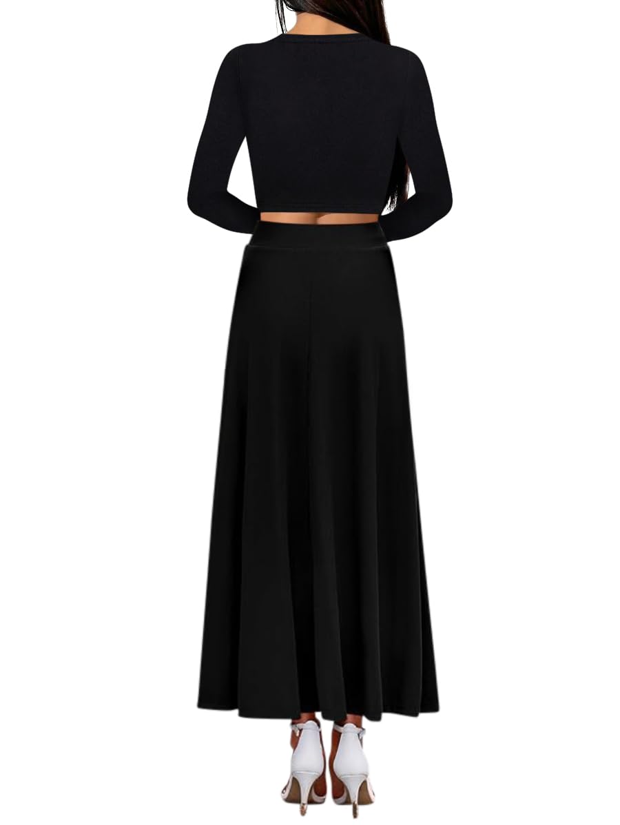 Sweet Hearts 2 Piece Sets for Women- Casual Modal Maxi Skirt Long Sleeve Crop Tops Womens 2 Piece Outfits Fall Made in USA