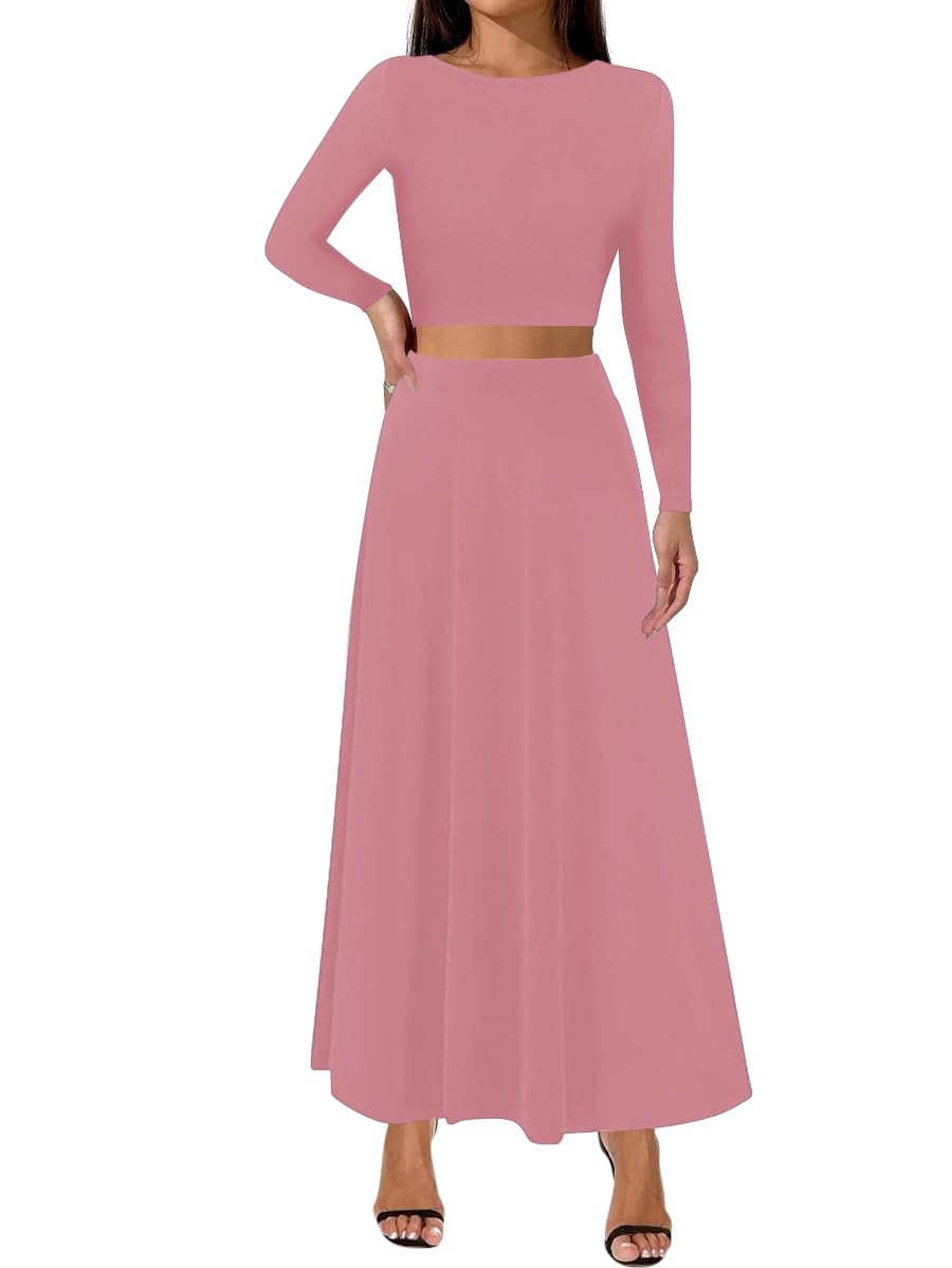 Sweet Hearts 2 Piece Sets for Women- Casual Modal Maxi Skirt Long Sleeve Crop Tops Womens 2 Piece Outfits Fall Made in USA