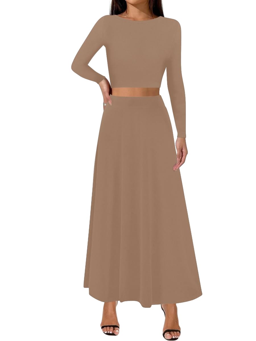 Sweet Hearts 2 Piece Sets for Women- Casual Modal Maxi Skirt Long Sleeve Crop Tops Womens 2 Piece Outfits Fall Made in USA