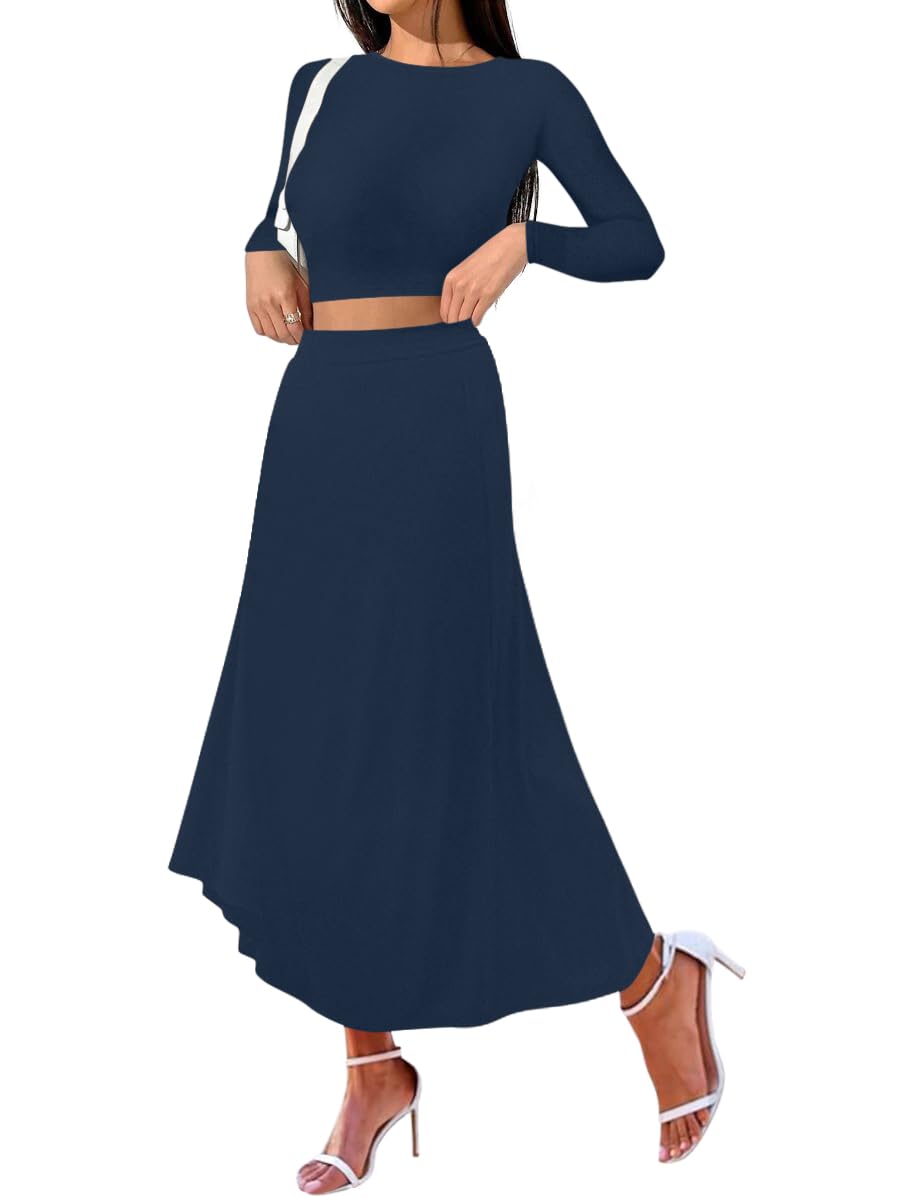 Sweet Hearts 2 Piece Sets for Women- Casual Modal Maxi Skirt Long Sleeve Crop Tops Womens 2 Piece Outfits Fall Made in USA