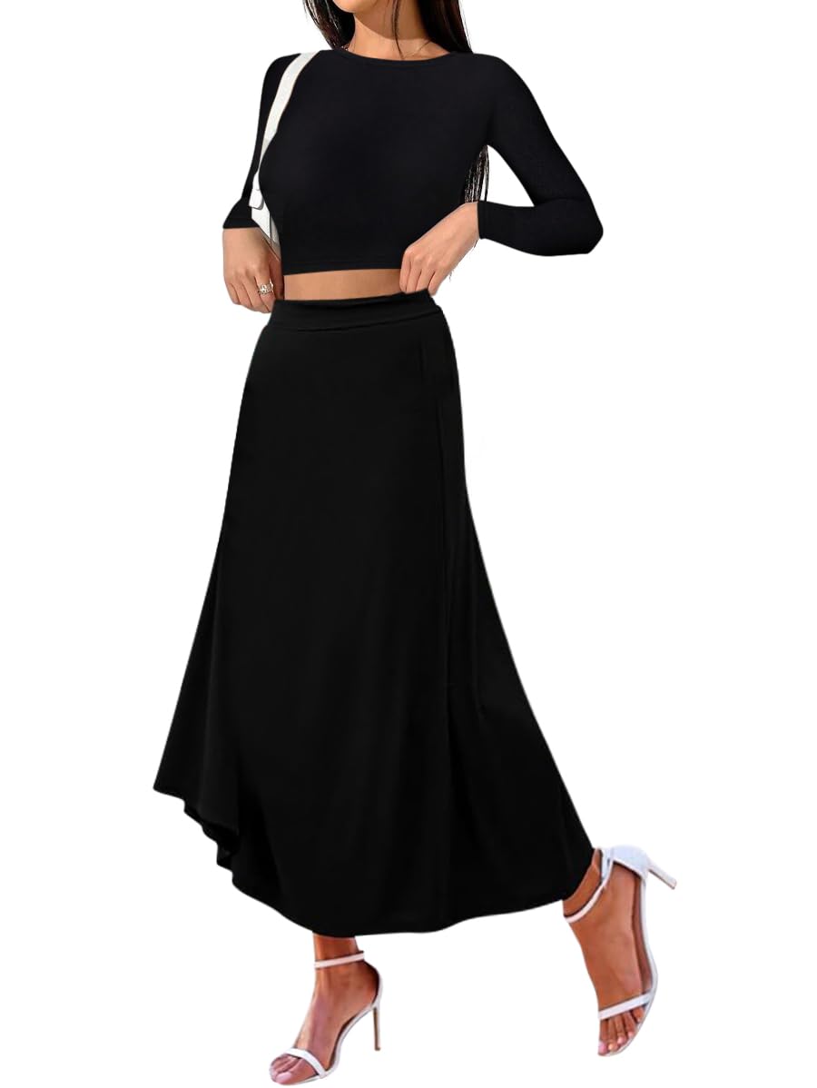 Sweet Hearts 2 Piece Sets for Women- Casual Modal Maxi Skirt Long Sleeve Crop Tops Womens 2 Piece Outfits Fall Made in USA