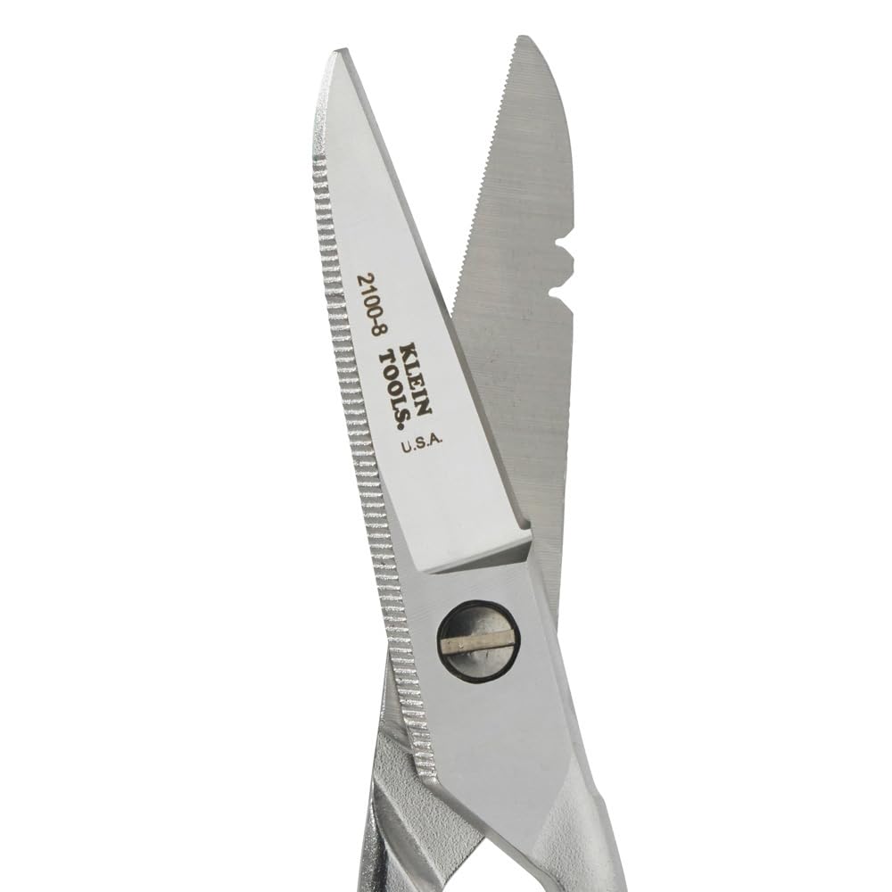 Klein Tools 2100-8 Scissors, Made in USA, Electrician Free Fall Snips, Stainless Steel Cut 19 and 23 AWG Electrical Communication Wire, Cable and Cordage