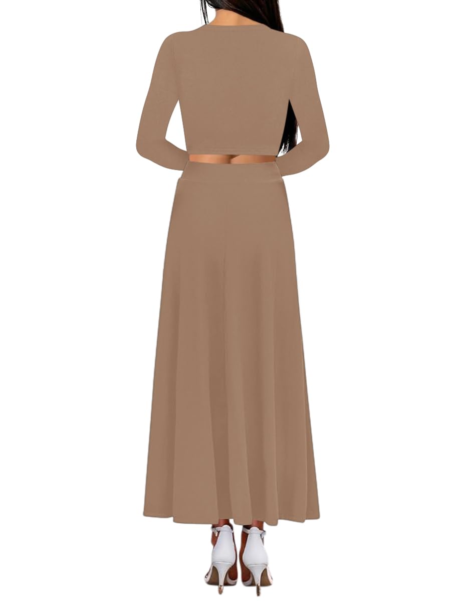 Sweet Hearts 2 Piece Sets for Women- Casual Modal Maxi Skirt Long Sleeve Crop Tops Womens 2 Piece Outfits Fall Made in USA