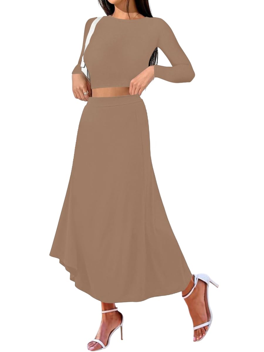 Sweet Hearts 2 Piece Sets for Women- Casual Modal Maxi Skirt Long Sleeve Crop Tops Womens 2 Piece Outfits Fall Made in USA