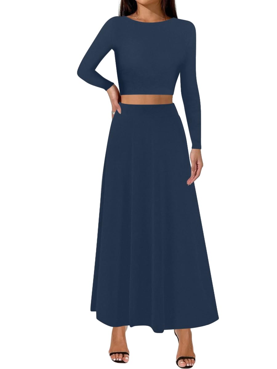 Sweet Hearts 2 Piece Sets for Women- Casual Modal Maxi Skirt Long Sleeve Crop Tops Womens 2 Piece Outfits Fall Made in USA