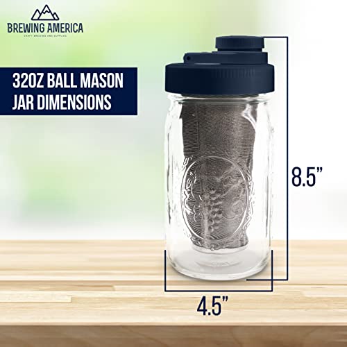Brewing America Mason Jar Cold Brew Coffee Maker Infuser: Made in USA Wide Mouth Mason Jar with Screw Top Pour and Drinking Lid, Stainless Steel Filter - Coffee, Tea, Alcohol - 2 Quart 64 oz Blue Lid