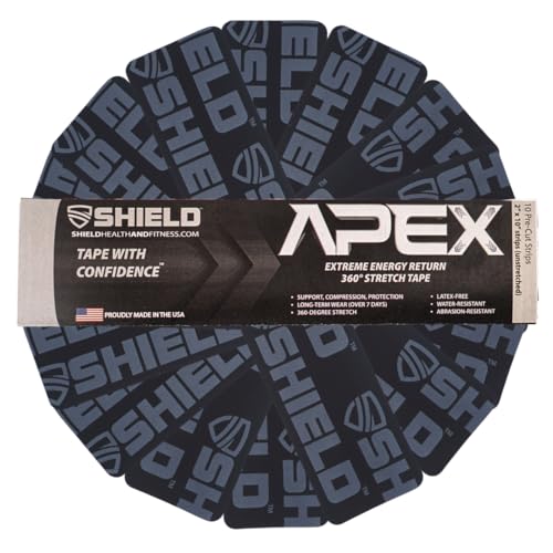 Shield Apex Four Way Stretch Kinesiology Pre-Cut Strips | 10 Strips of Kinesiology Tape for Muscle Support, Pain Relief, Compression, and Injury Prevention, Made in USA (White on Black)