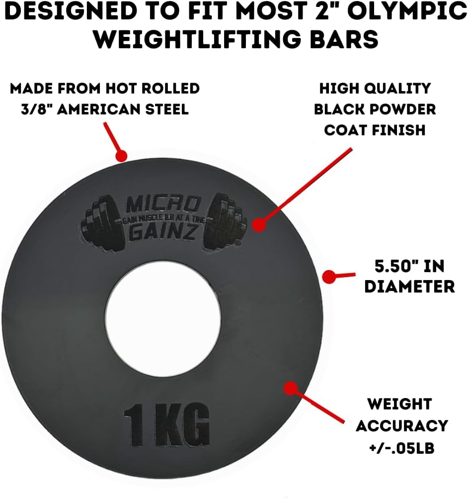 Micro Gainz Olympic Kilogram Fractional Weight Plate Set of 6 Steel Plates- (2-.25KG, 2-.50KG, 2-1KG) Plates -Designed for Olympic Barbells, Used for Strength Training and Micro Loading, Made in USA