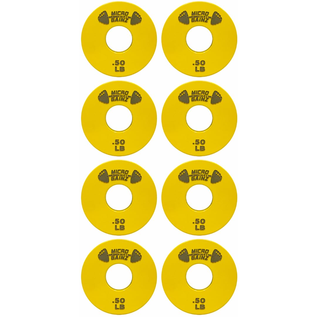 Micro Gainz Standard 1-Inch Center Hole Yellow .50LB Fractional Weight Plates 8 Piece Set- Designed for Standard 1-Inch Barbells and Dumbbells, Made in USA