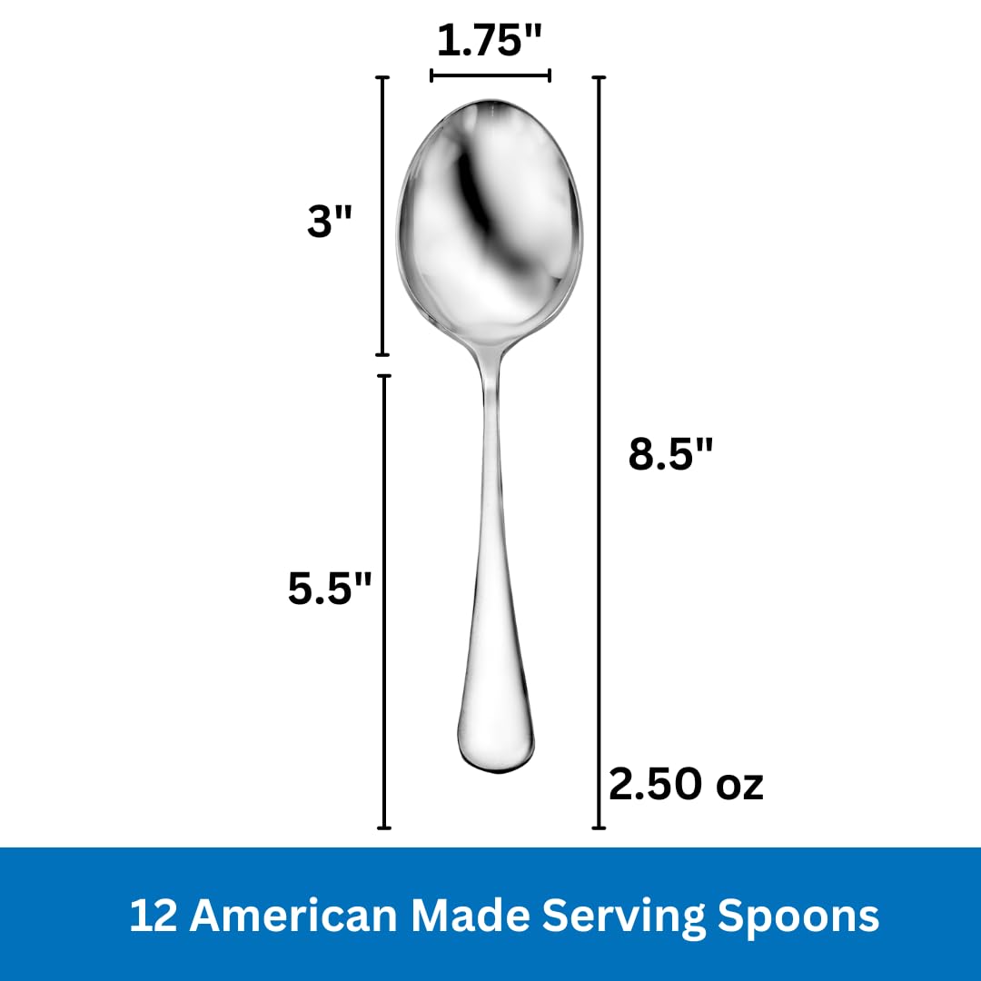 Serving Spoon Made in USA Set of 12 18/10 Stainless Steel Flatware Mirror Finish Dishwasher Safe TAA HubZone and Buy American Compliant Annapolis Silverware Made by Sherrill Manufacturing