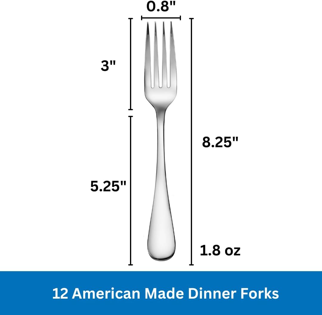 Dinner Forks Made in USA Set of 12 18/10 Stainless Steel Flatware Mirror Finish Dishwasher Safe TAA HubZone and Buy American Compliant Annapolis Silverware Made by Sherrill Manufacturing