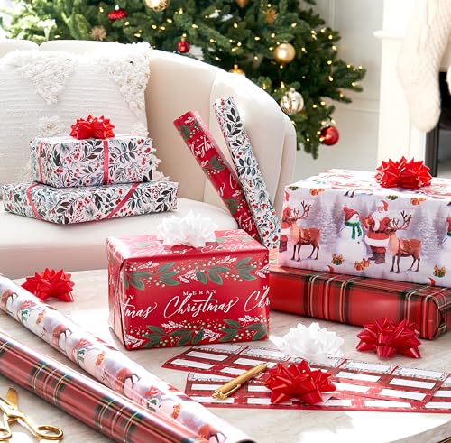 American Greetings 120 sq. ft. Christmas Wrapping Paper Set, Tan, Plaid, Snowman and Christmas Text (4 Rolls 30 in. x 12 ft., 7 Bows, 30 Gift Tags)