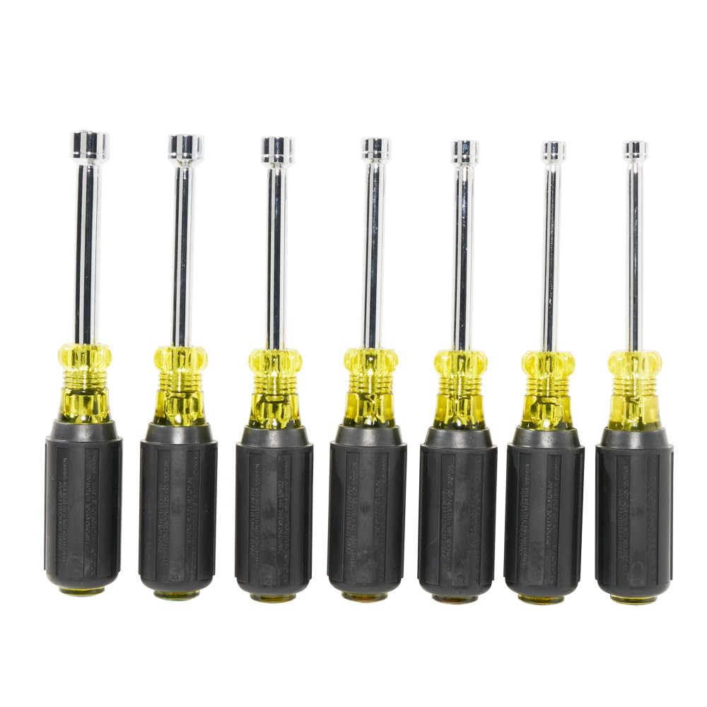 Klein Tools 65160 Tool Set, Made in USA, Metric Nut Driver Set Sizes 5, 5.5, 6, 7, 8, 9, and 10 mm, 3-Inch Chrome-Plate Hollow Shafts, 7-Piece