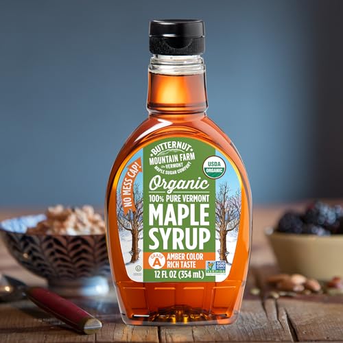 Butternut Mountain Farm Pure Vermont Maple Syrup, Organic, Grade A, Amber Rich, 12 oz, Easy Squeeze Bottle