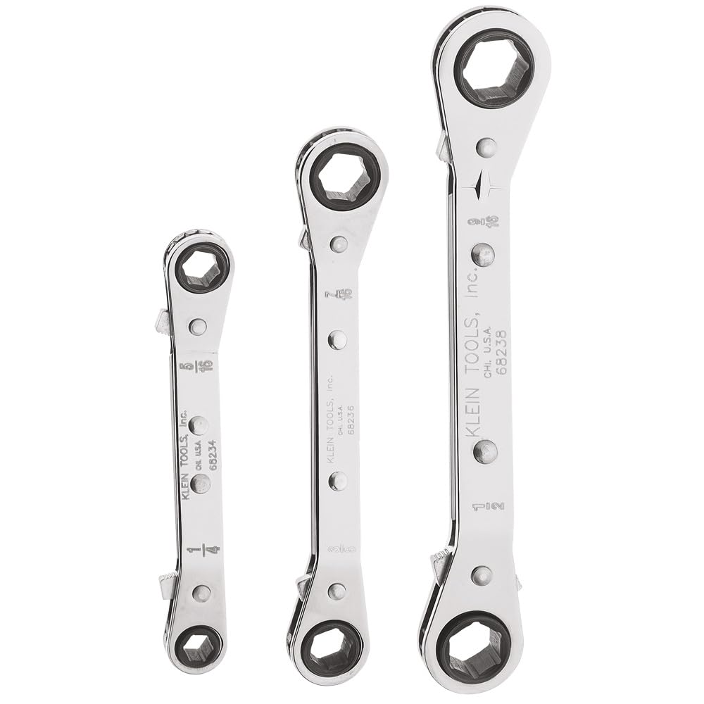 Klein Tools 68244 Fully Reversible Ratcheting Offset Box Wrench Set, 3-Piece, Made in USA