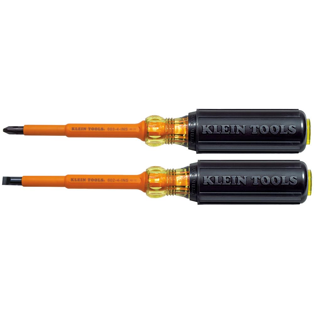 Klein Tools 33532-INS Electrical Insulated Screwdriver Set of 2, Made in USA, 4-Inch Phillips and Cabinet Set, Made in USA