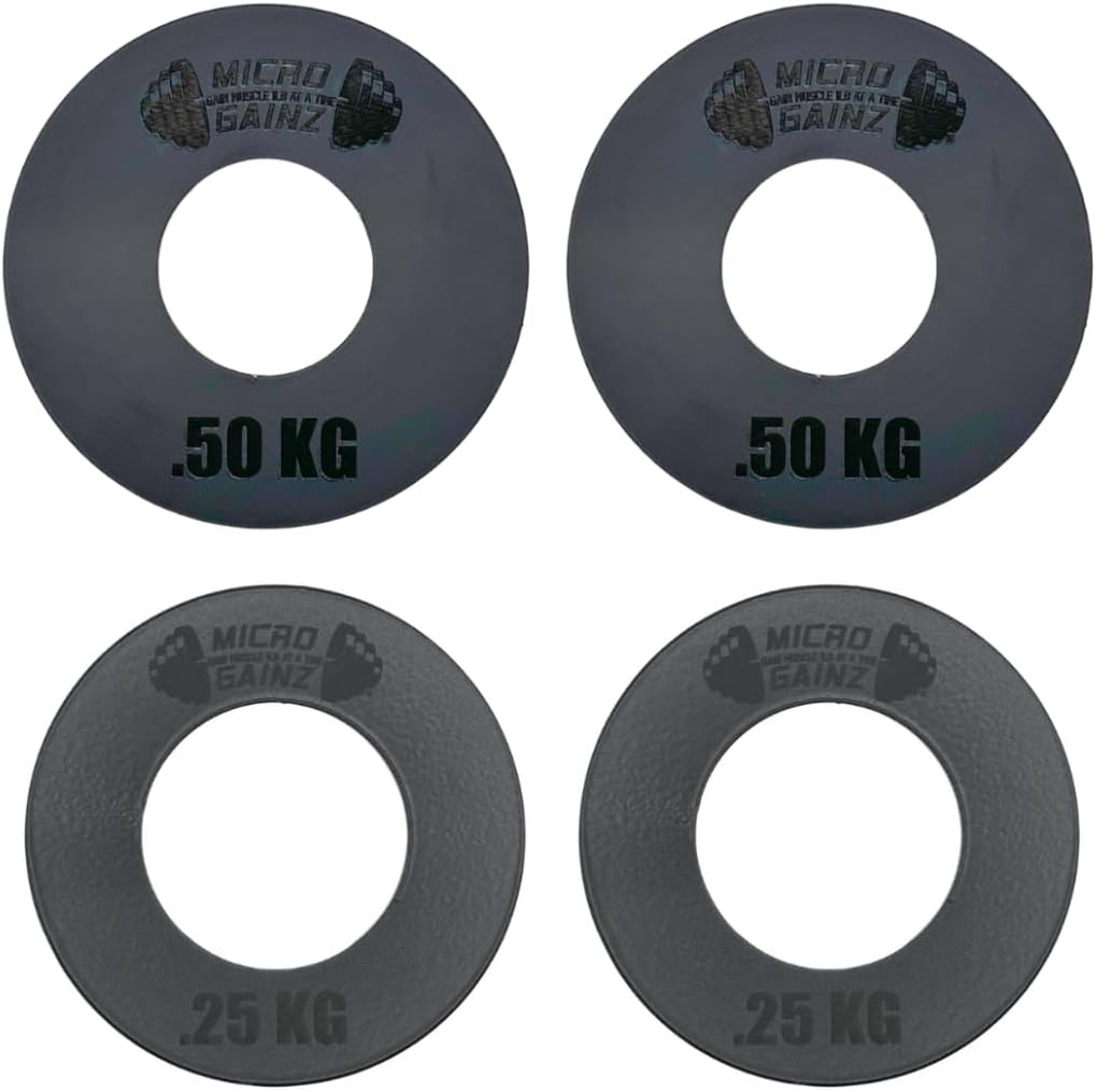 Micro Gainz Olympic Kilogram Fractional Weight Plate Set of 4 Steel Plates- (2-.25KG, 2-.50KG) Plates -Designed for Olympic Barbells, Used for Strength Training and Micro Loading, Made in USA