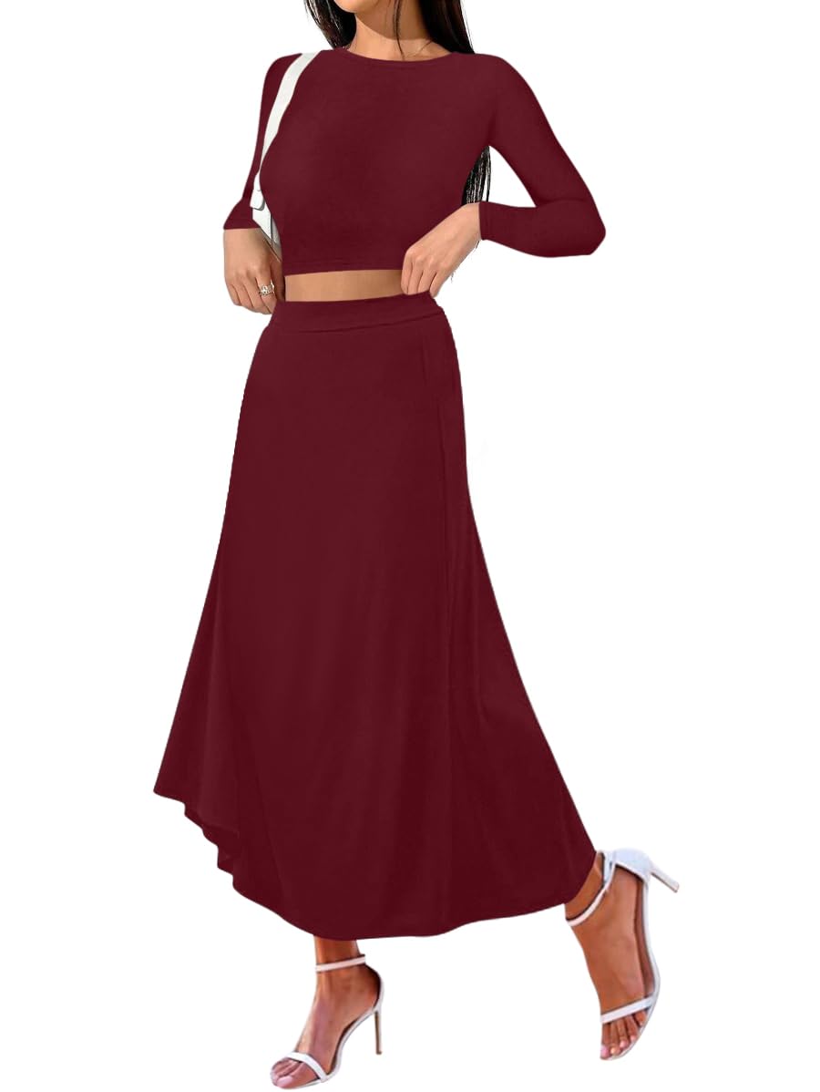 Sweet Hearts 2 Piece Sets for Women- Casual Modal Maxi Skirt Long Sleeve Crop Tops Womens 2 Piece Outfits Fall Made in USA