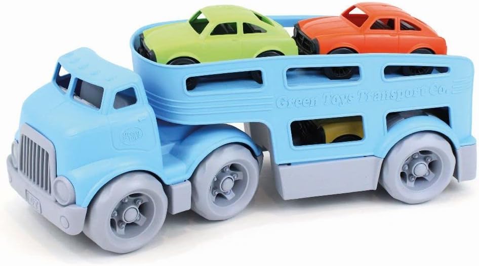 Green Toys Car Carrier, Blue - Pretend Play, Motor Skills, Kids Toy Vehicle. No BPA, phthalates, PVC. Dishwasher Safe, Recycled Plastic, Made in USA (4 Piece Set)