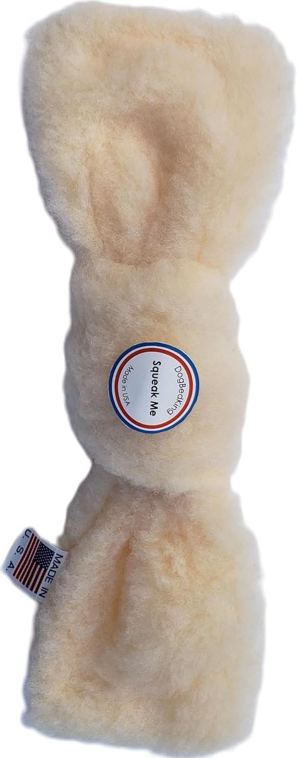 Made in USA 13 inch x 4 inch Imitation Sheepskin Plush Tuggy Knot Dog Toy - No Stuffing Squeaky Dog Toy, For Medium And Large Breeds. No Fill Cream Color.