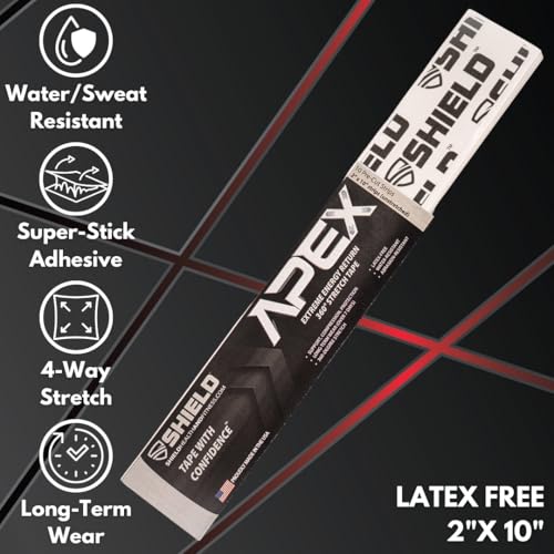 Shield Apex Four Way Stretch Kinesiology Pre-Cut Strips | 10 Strips of Kinesiology Tape for Muscle Support, Pain Relief, Compression, and Injury Prevention, Made in USA (White on Black)