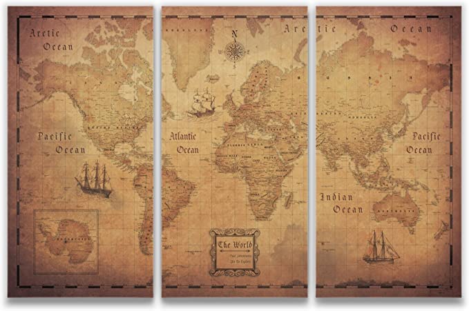 Push Pin World Map Board - With Push Pins to Mark World Travel - Handmade in Ohio, USA - Design: Golden Aged (48" x 32")