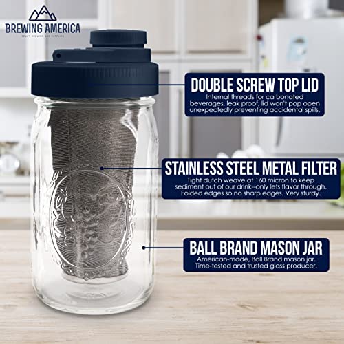 Brewing America Mason Jar Cold Brew Coffee Maker Infuser: Made in USA Wide Mouth Mason Jar with Screw Top Pour and Drinking Lid, Stainless Steel Filter - Coffee, Tea, Alcohol - 2 Quart 64 oz Blue Lid