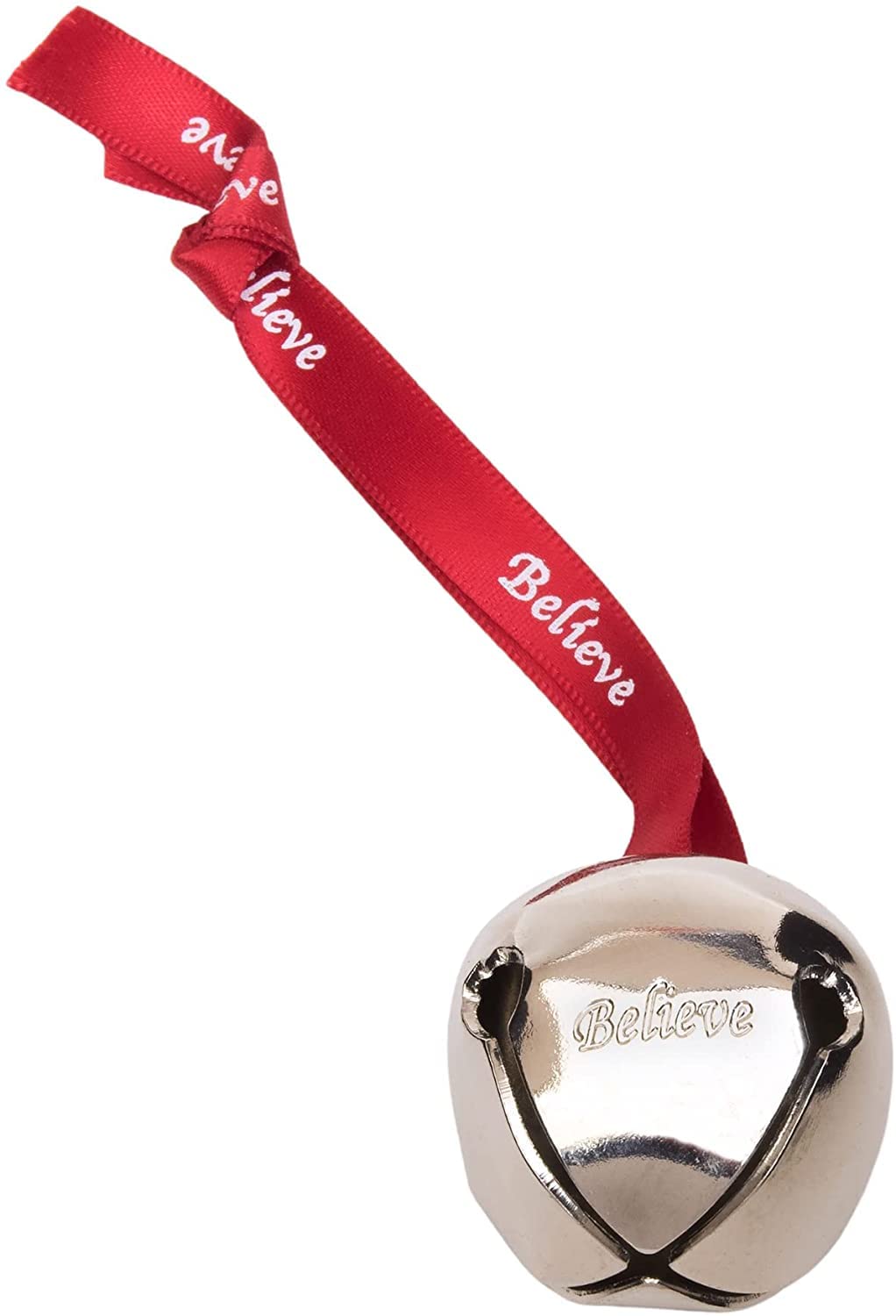 Bevin Bells Believe Sleigh Bells Ornament (3-Pack) | 1.5" Made of Steel | Hanging Bells with a Red Satin Believe Ribbon | Great Tone | Xmas Gift or Stocking Stuffer | Made in The USA