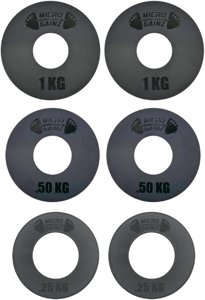 Micro Gainz Olympic Kilogram Fractional Weight Plate Set of 6 Steel Plates- (2-.25KG, 2-.50KG, 2-1KG) Plates -Designed for Olympic Barbells, Used for Strength Training and Micro Loading, Made in USA
