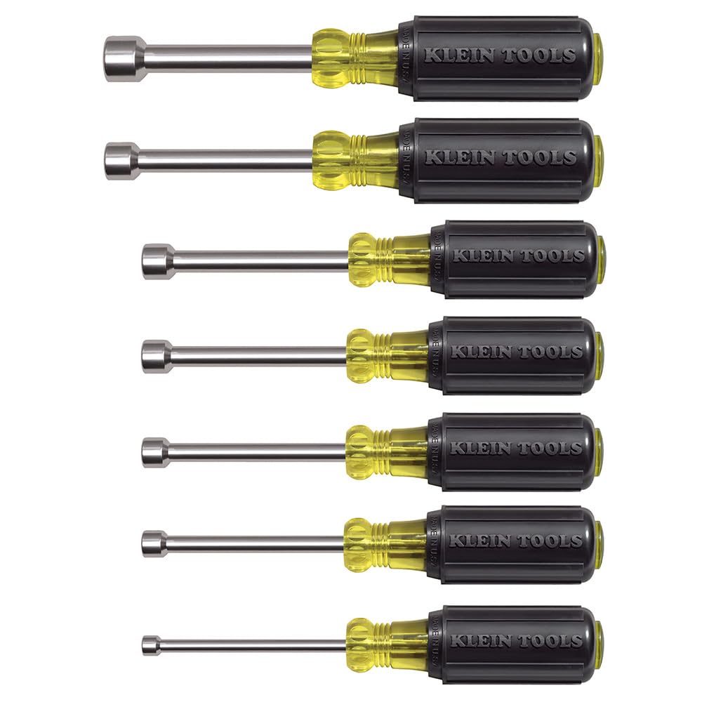 Klein Tools 631 Tool Set, Made in USA, Nut Driver Set w/Hex Nut Sizes 3/16, 1/4, 5/16, 11/32, 3/8, 7/16 and 1/2-Inch on 3-Inch Full Hollow Shaft, 7-Piece
