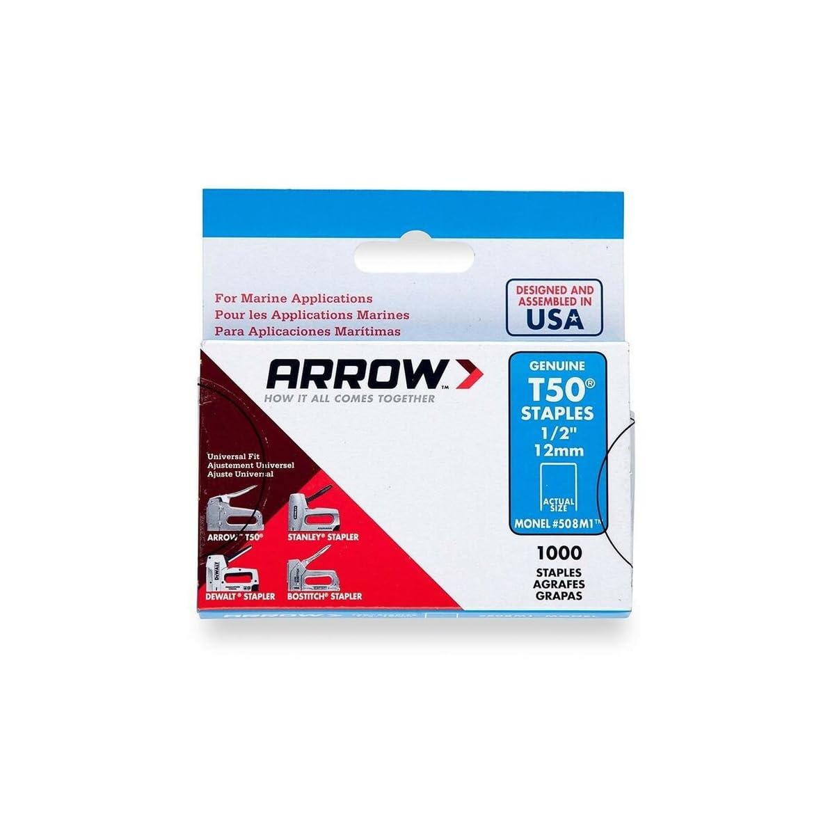 Arrow 508M1 Heavy Duty T50 Monel Staples for Marine Applications, 1/2-Inch Leg Length, 3/8-Inch Crown Size, 1000-Pack, Made in The USA