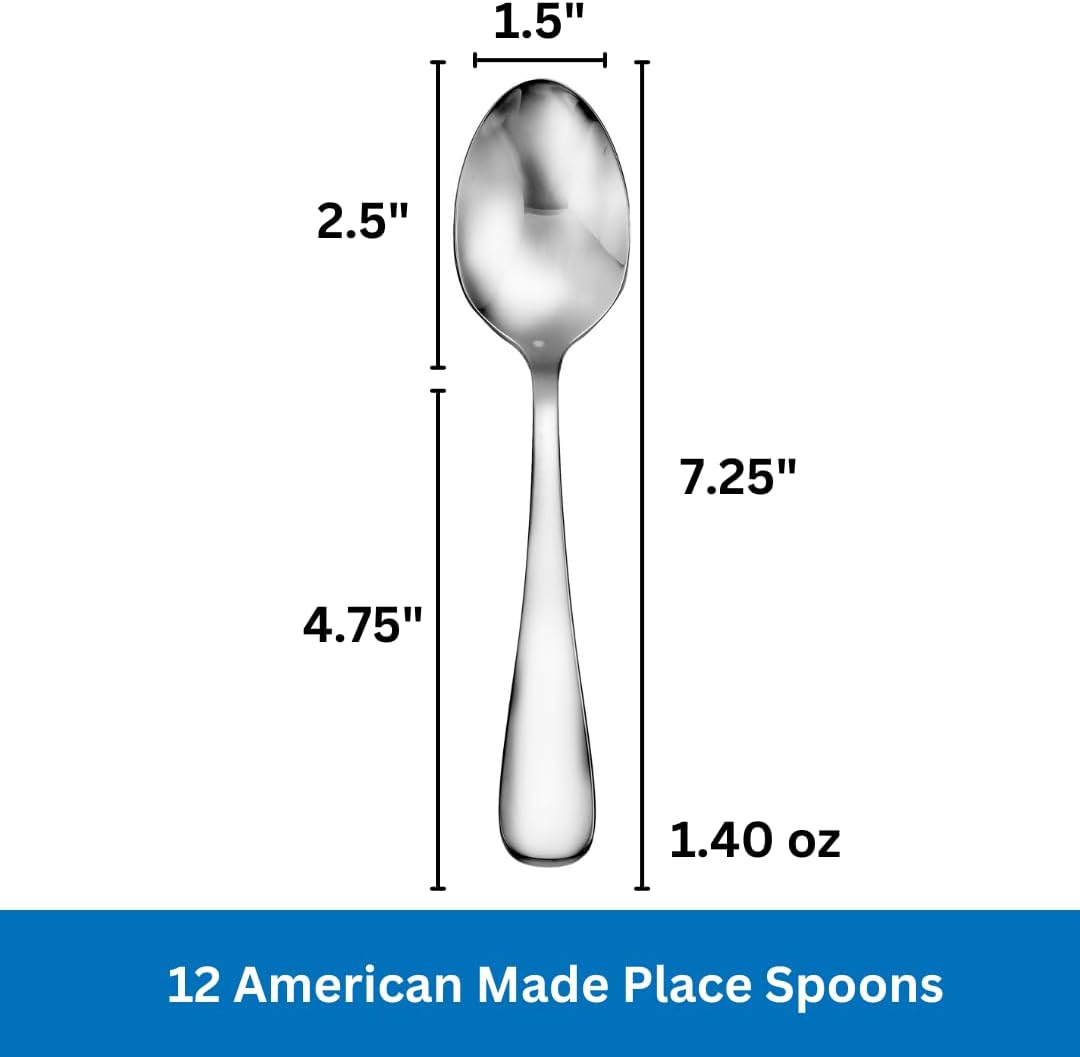 Dinner Spoon/Place Spoon Made in USA Set of 12 18/10 Stainless Steel Flatware Mirror Finish Dishwasher Safe TAA HubZone and Buy American Compliant Annapolis Silverware Made by Sherrill Manufacturing