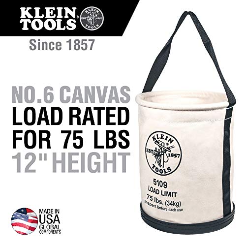 Klein Tools 5109 Canvas Bucket, Wide-Opening Straight-Wall Tool Bucket is Made of No. 6 Canvas with Black Molded Bottom, 75-Pound Load Rated